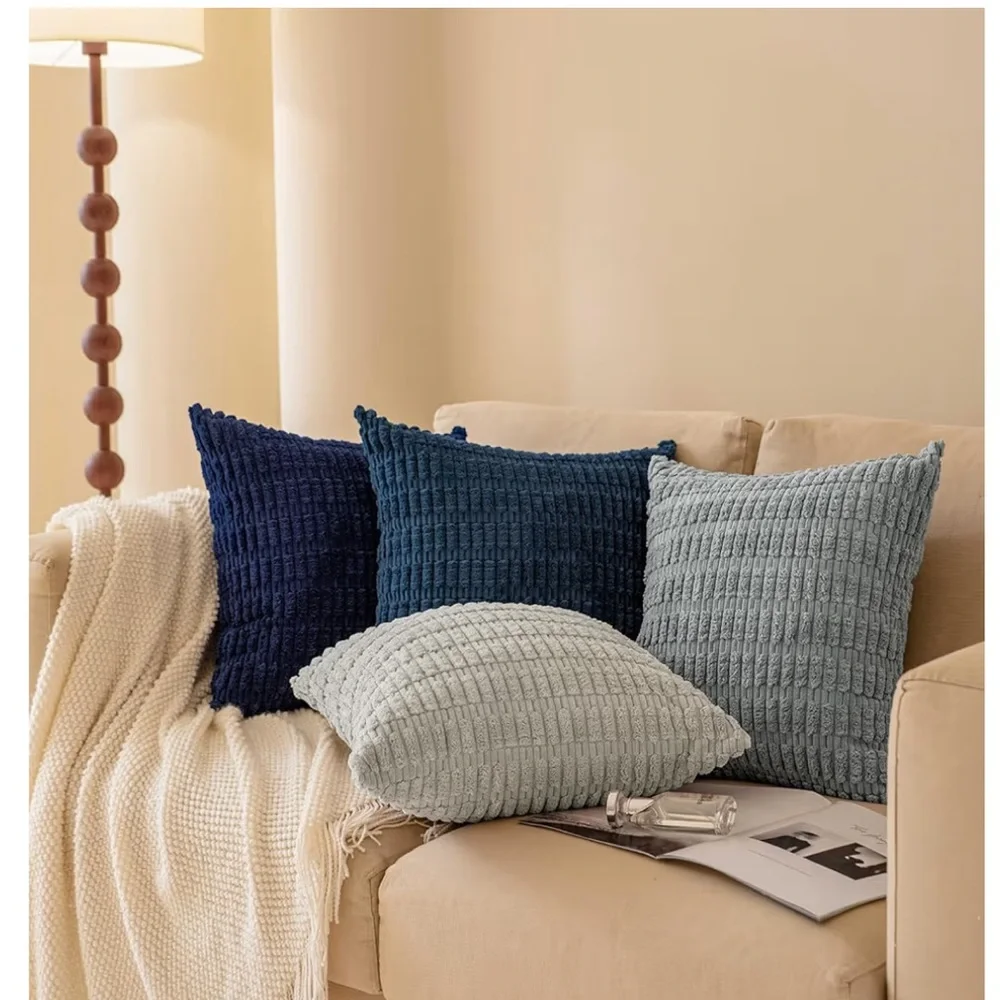Corduroy Soft Striped Farmhouse SQUARE Throw Pillow Covers 18x18” BLUE (4-pack)